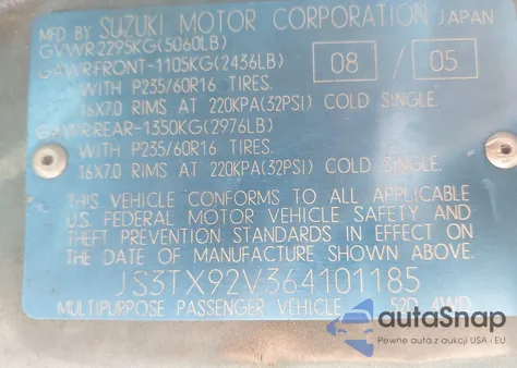 2006 Suzuki Xl-7 Premium из США, поврежденный, VIN JS3TX92V364101185